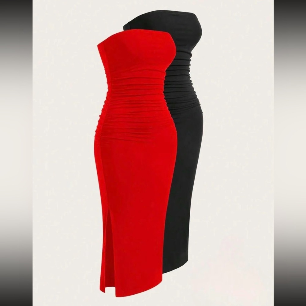 2 Elegant Red and Black Strapless Dress